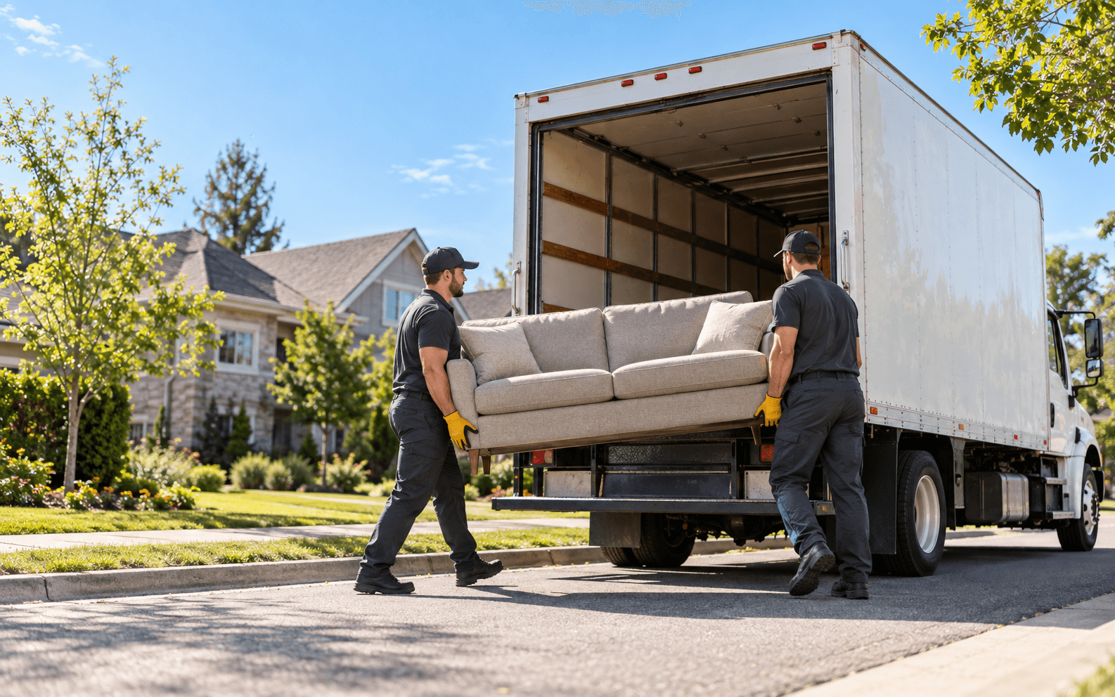Two movers loading a sofa into a clean moving truck