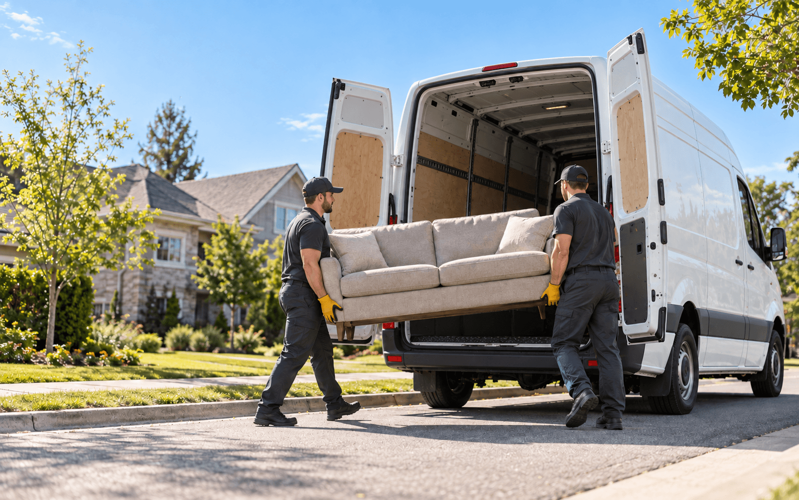 Two movers loading a sofa into a white cargo van